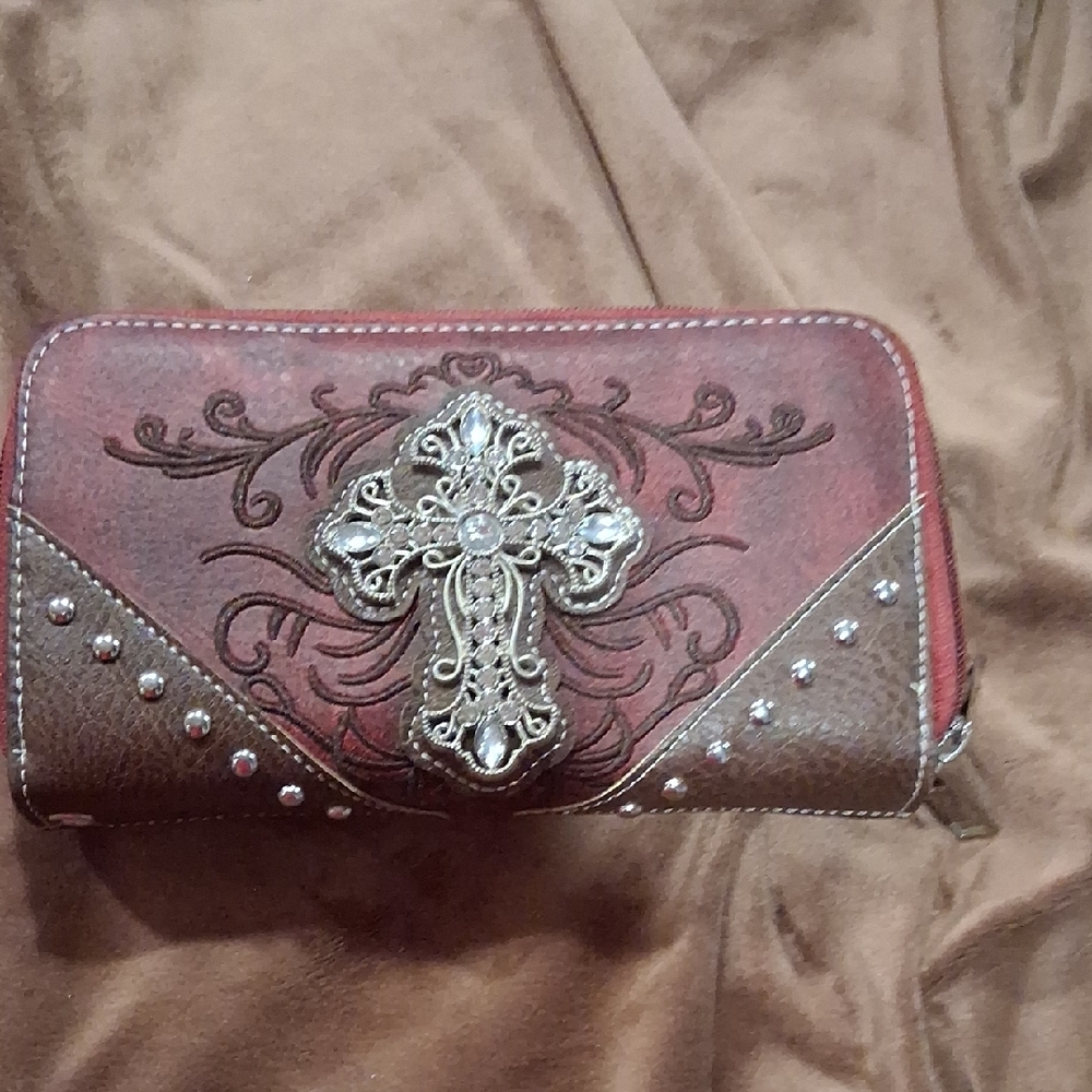 Elegant Brown Cross Embellished Women's Wallet